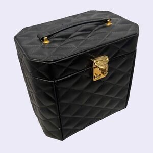 Vintage Saks Fifth Avenue Black Quilted Leather Jewelry Box Gold Hardware